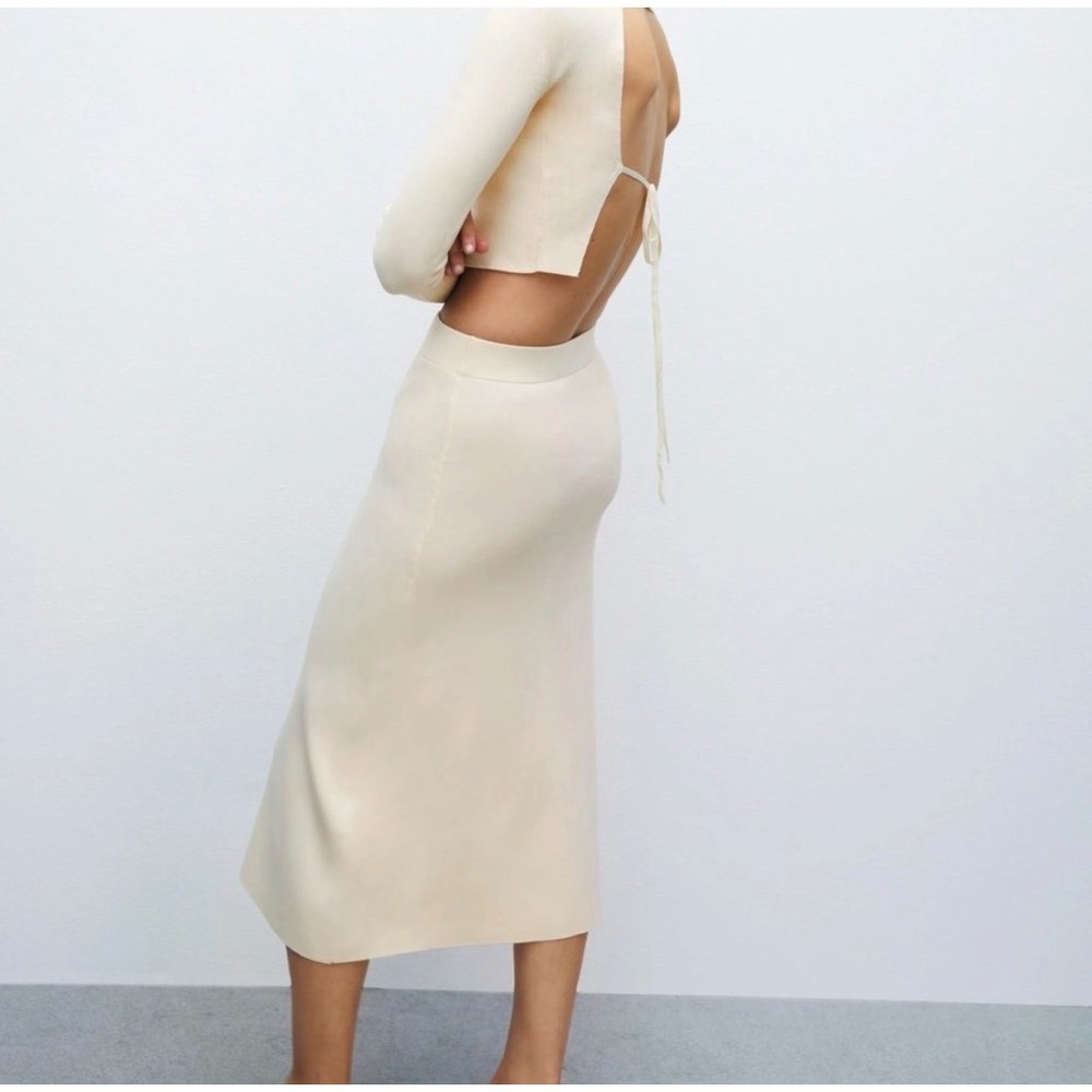 Zara Women's L Cream Ivory Knit Midi Skirt Minimalist Pull On Column - Picture 2 of 8
